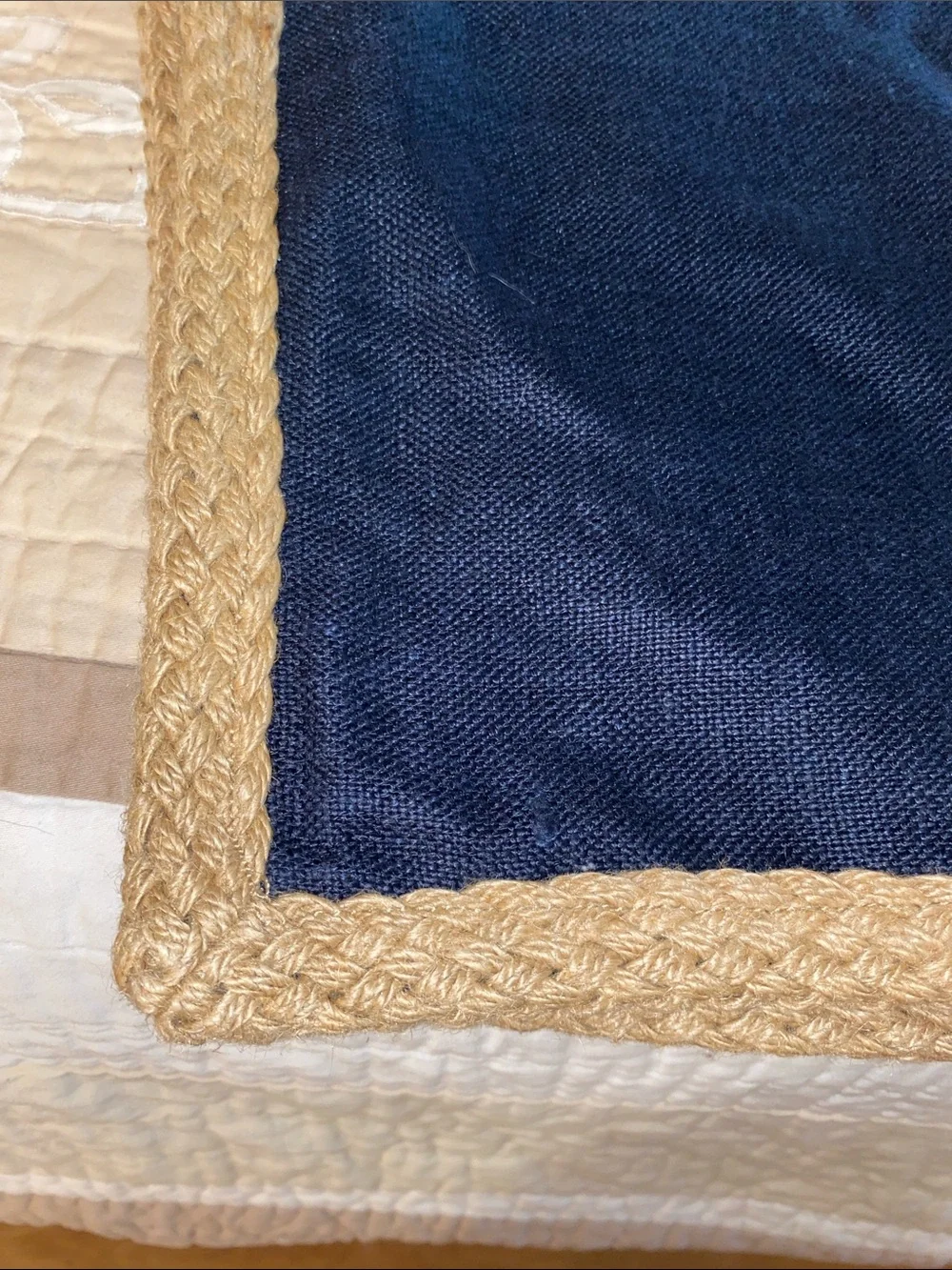 Pottery Barn Navy Blue Accent Pillows with Natural Trim